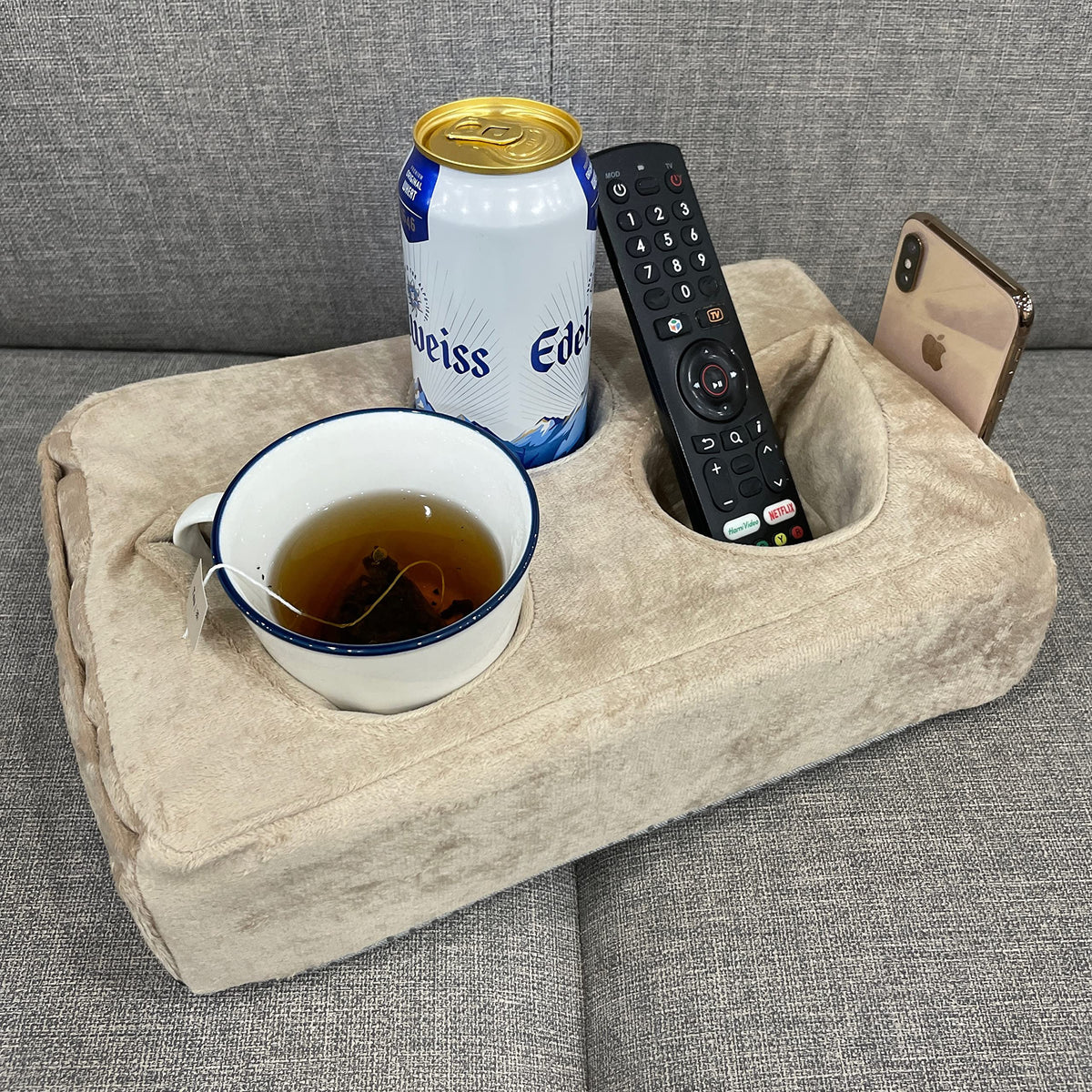 Sofa Cup Holder Caddy Pillow for Drinks, Remote & Phone Organiser