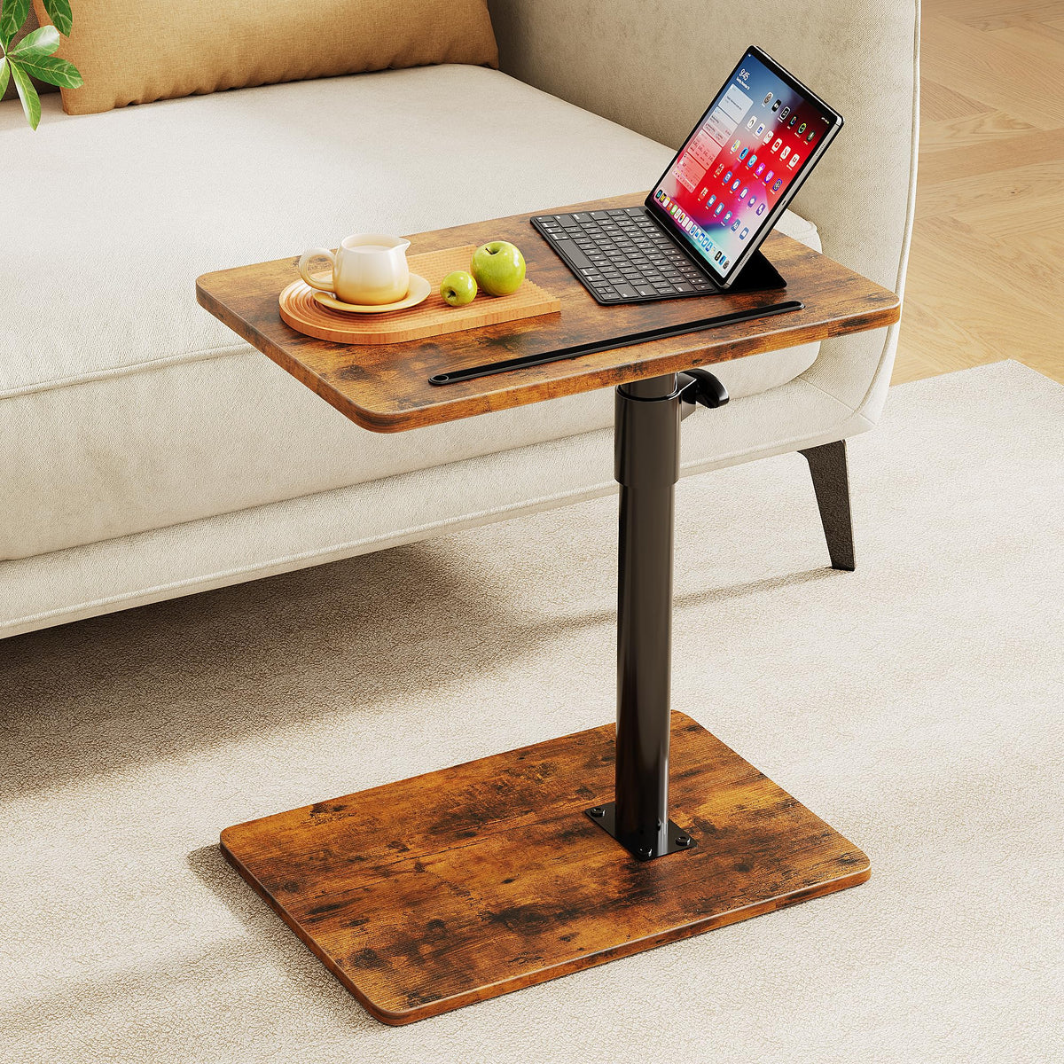 CAIYUN C Shaped Side Table, Height Adjustable Swivel 360° Rotating, Brown End Table Set of 2 for Small Spaces
