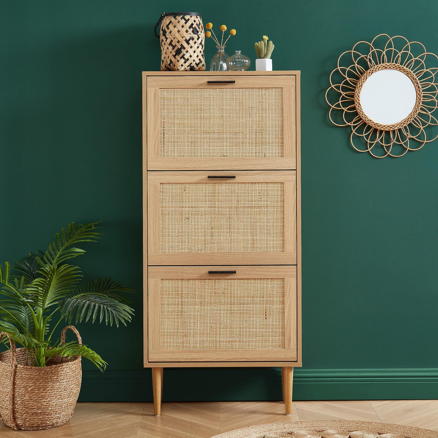 BAÏTA AMANA Shoe Cabinet in oak effect and rattan cane weave, 60cm