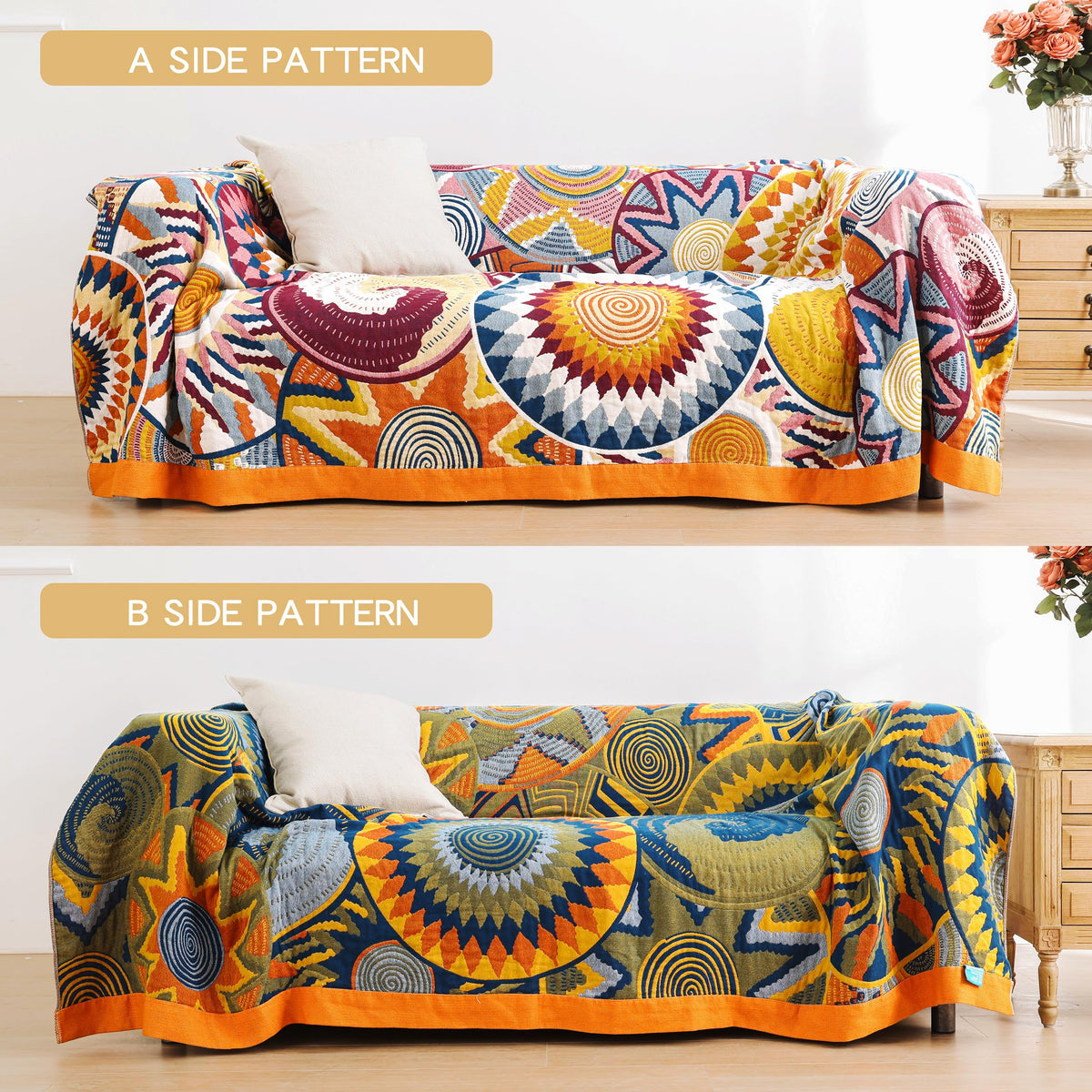 VANJOROY Double-sided Bohemian Sofa Large Throw Blanket for 2 or 3 Seater Settees, 100% Pure Organic Cotton Boho Throw for Armchair, Sofa and Bed