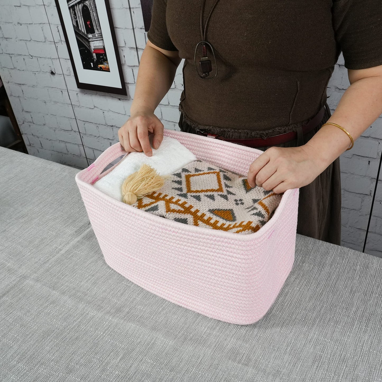 XUANGUO Cotton Rope storage Basket Bins Woven Basket for Organizing Shelves Rectangle Decorative Baskets For storage Clothes Toys Books Towels Square