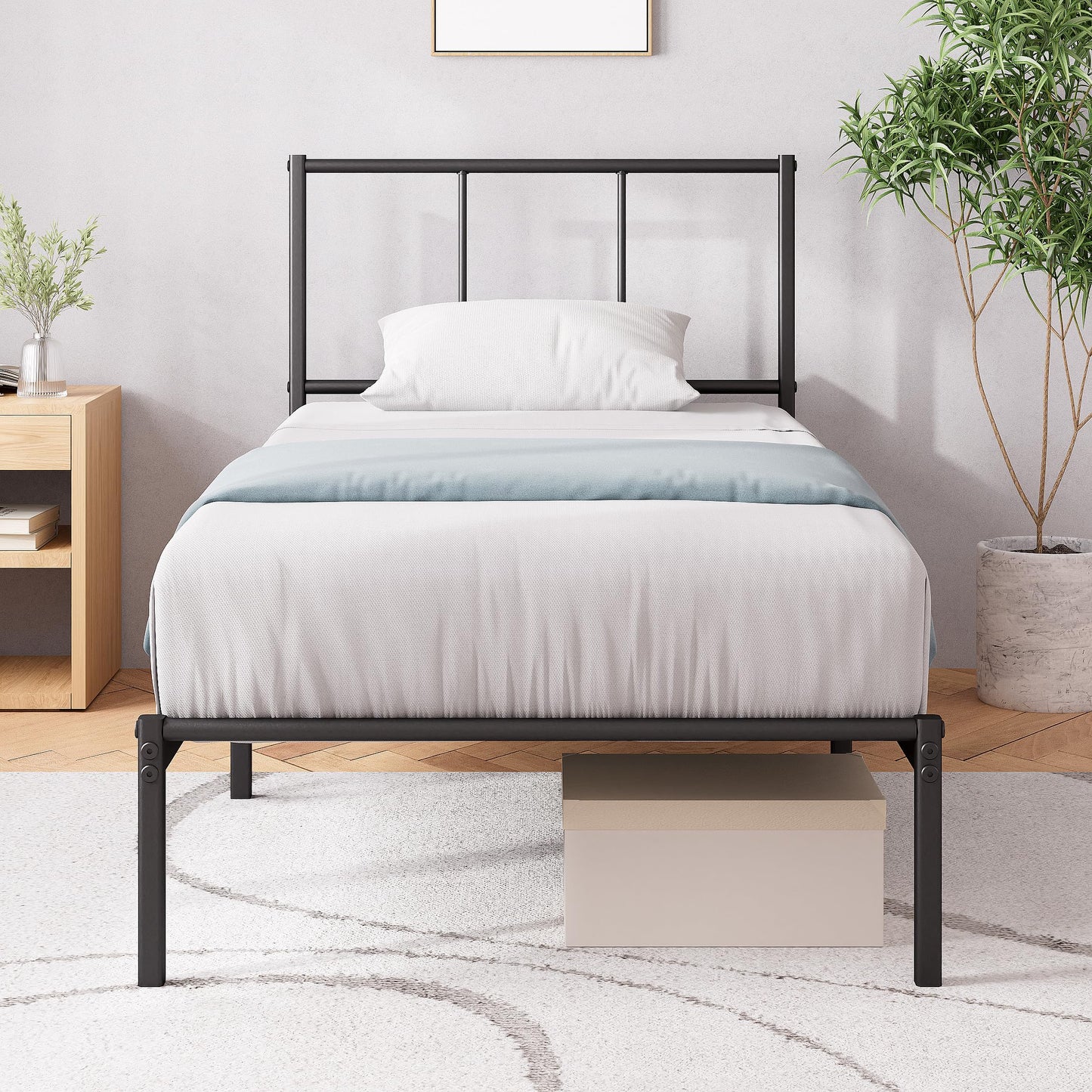 ZINUS Justin Single Bed Frame  Bed 190x90 cm  35cm Height  Metal Bed Frame with Headboard  Platform bed frame with steel slat support  Modern