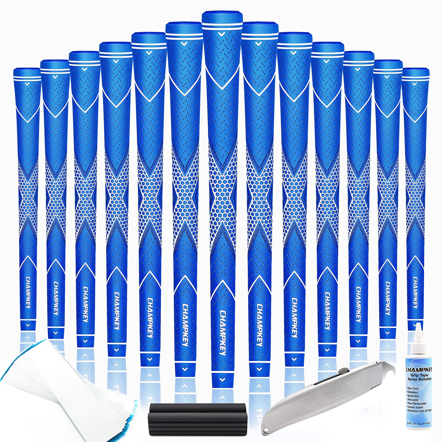 CHAMPKEY Premium Rubber Golf Grips 13 Pack | High Traction and Feedback Rubber Golf Club Grips - All Repair Kits (Blue&White, Oversize)