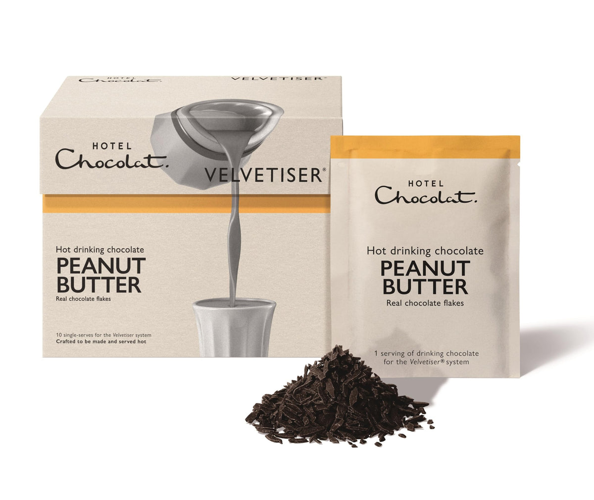 Hotel Chocolat Peanut Butter Hot Chocolate Sachets - Luxury Chocolate Flakes - Pack of 10 Single-Serve Sachets, 310g - Suitable for Vegetarians