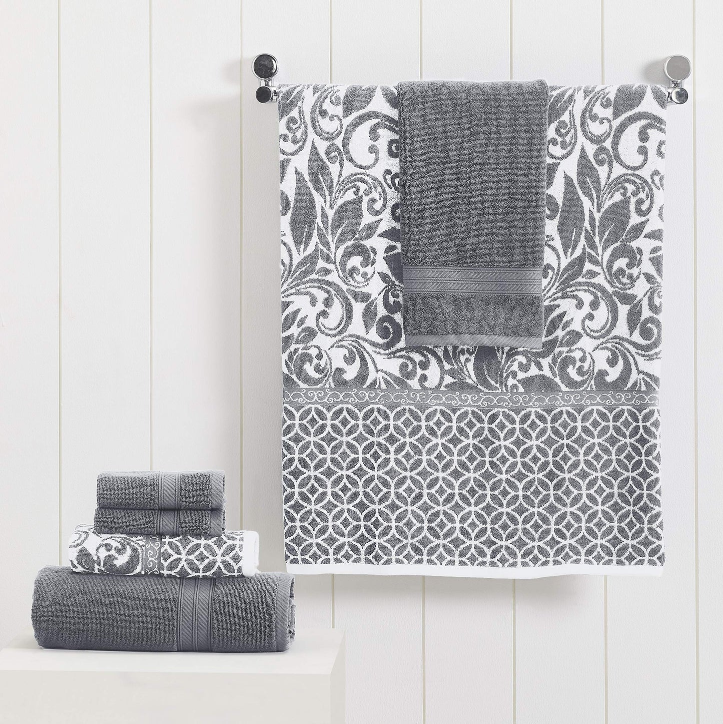 Amrapur Modern Threads Trefoil Filigree 6-Piece Reversible Yarn Dyed Jacquard Towel Set - Bath Towels, Hand Towels, & Washcloths - Super Absorbent &