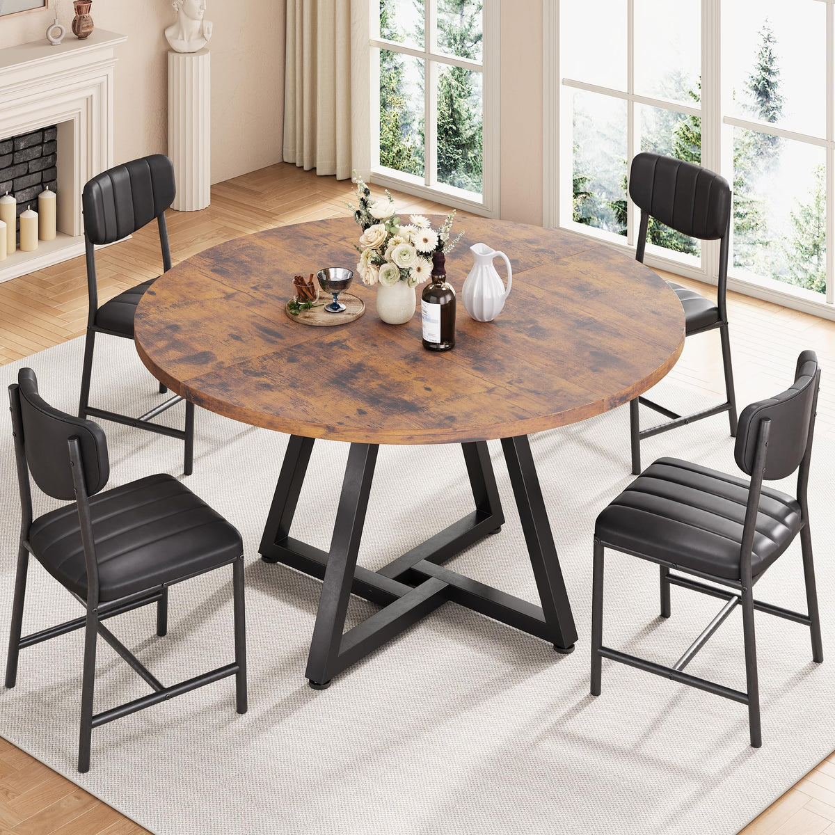 Jocoevol Round Kitchen Dining Table for 2-4 People, Circle Dinner Table with Metal Frame, Space Saving Wood Industrial Furniture (Vintage, 42 inch
