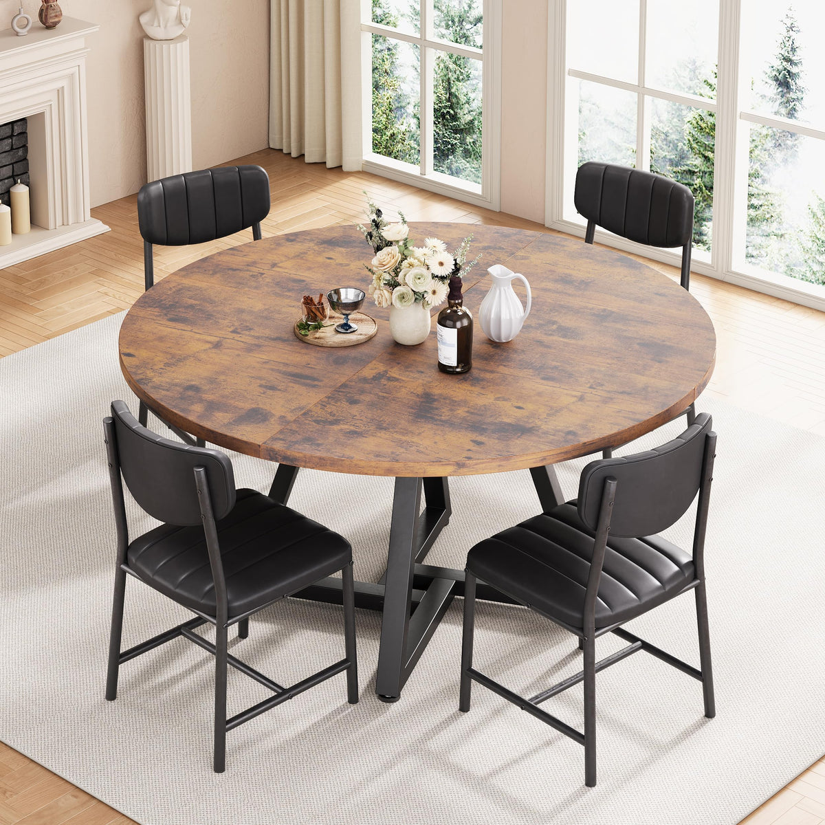 Jocoevol Round Kitchen Dining Table for 2-4 People, Circle Dinner Table with Metal Frame, Space Saving Wood Industrial Furniture (Vintage, 42 inch