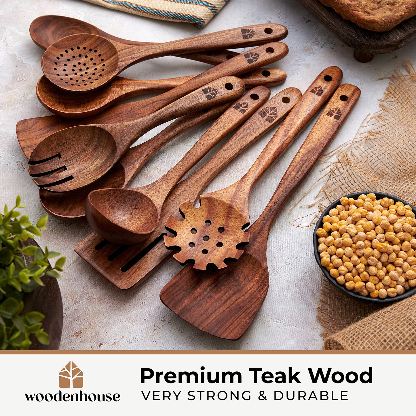 Wooden Spoons for Cooking, 10 Pcs Teak Wood Cooking Utensil Set - Wooden Kitchen Utensils for Nonstick Pans & Cookware - Study, Lightweight & Heat