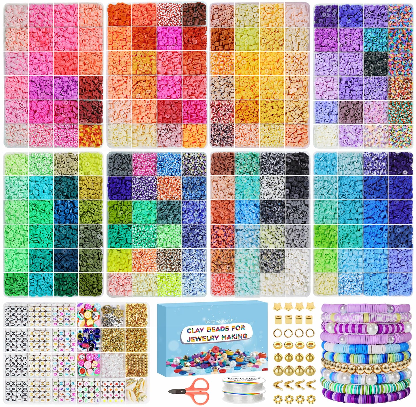 Fournine 31000 Pcs Clay Beads Bracelet Making Kit for Girls, 192 Colours 9 Boxes Clay Beads Friendship Bracelet Making Kit with Charms Letter Bead