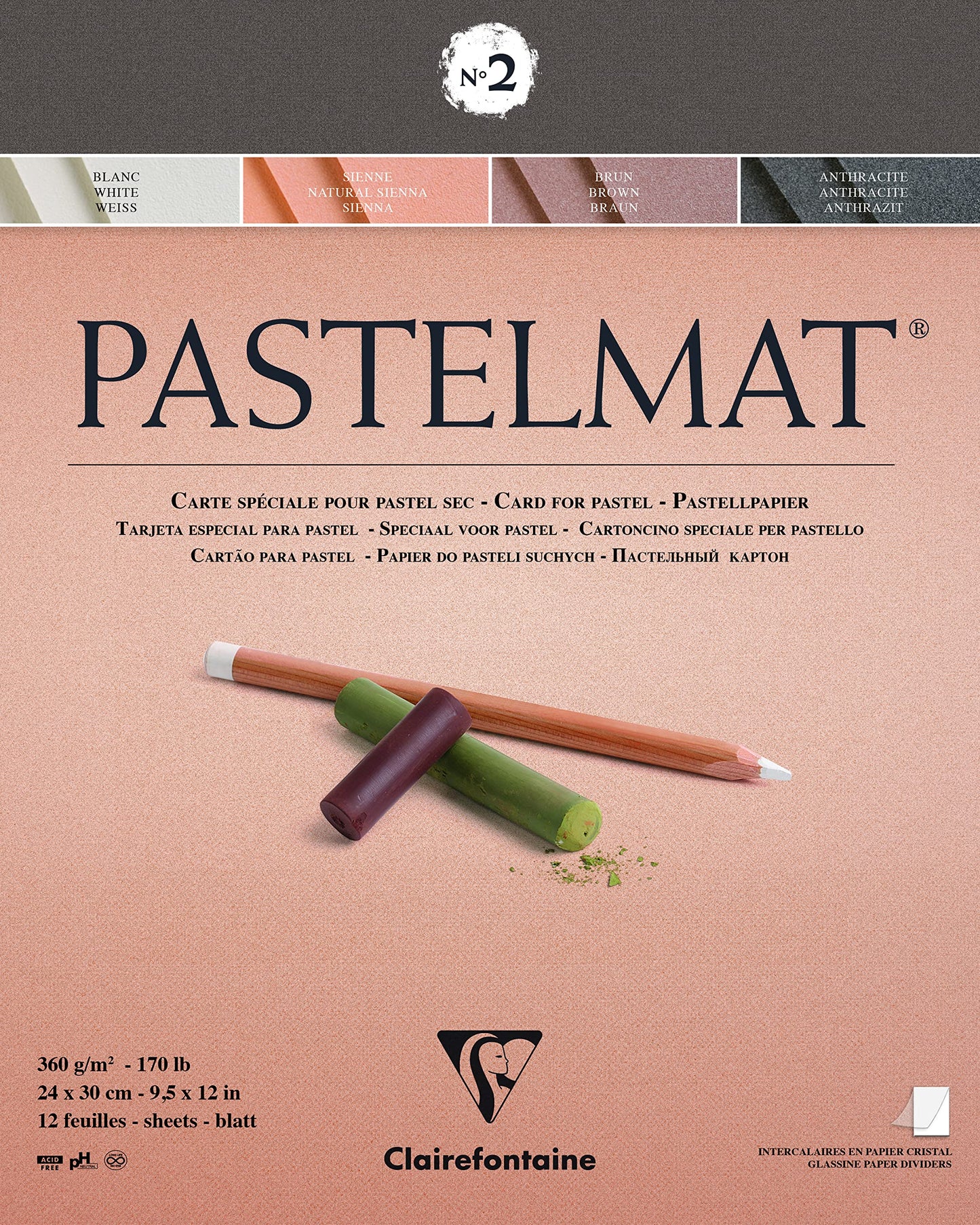 Clairefontaine - Ref 96007C - Pastelmat Pastel Card Pad No.2 (12 Sheets) - 360gsm Card - 24 x 30cm - Assorted Colours - Specially Formulated For Use