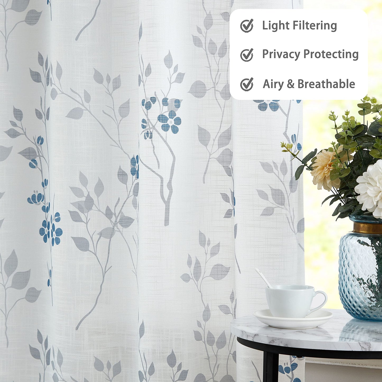 Beauoop Blue Grey Semi Sheer Floral Curtains for Living Room 90 Drop Linen Textured Farmhouse Curtains for Bedroom Leaf Printed Eyelet Rustic Drapes