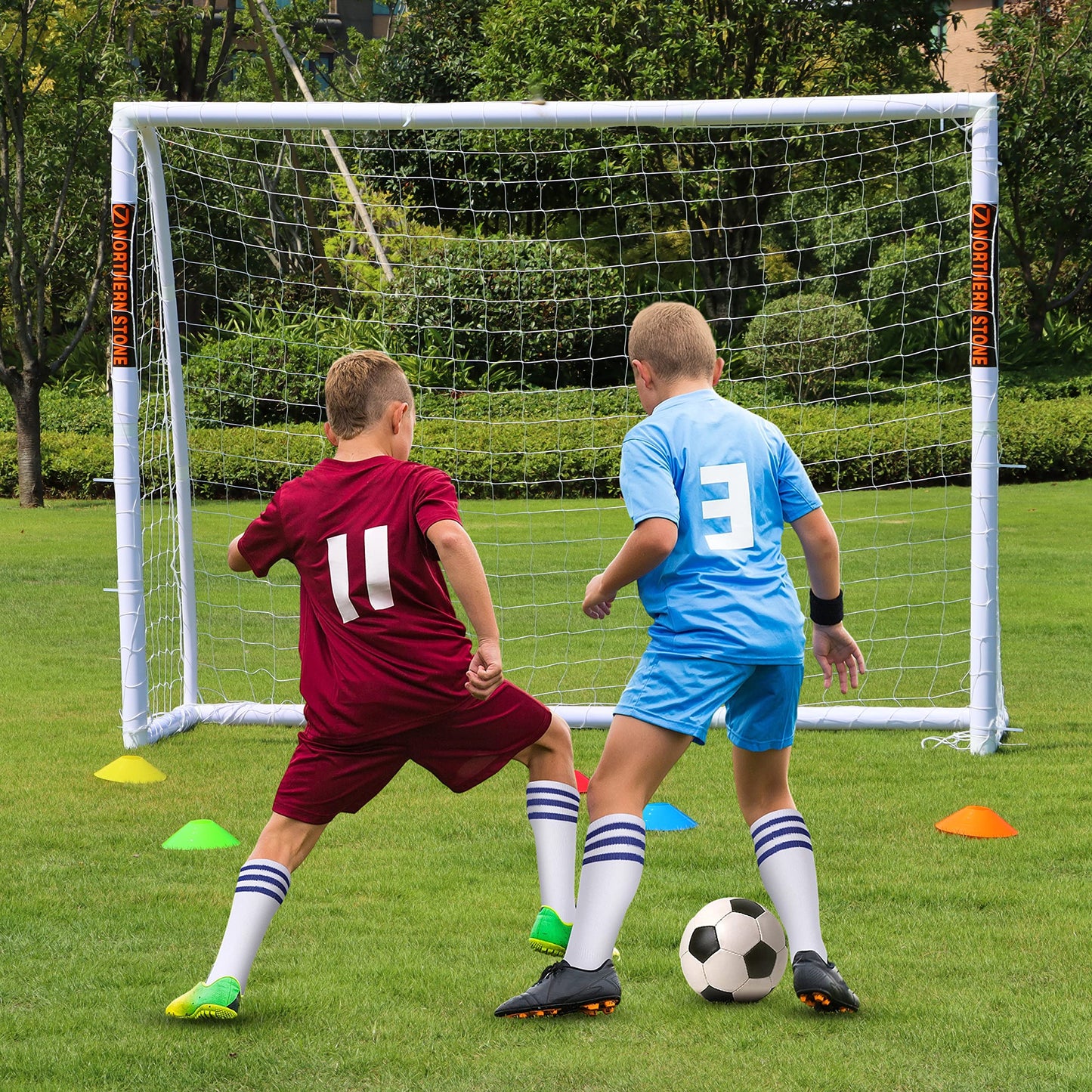 NORTHERN STONE Ultimate All Weather uPVC Football Goal 8ft x 6ft Garden Portable Football Goals 70mm Thick PVC Goal Posts + Football Net Integrated