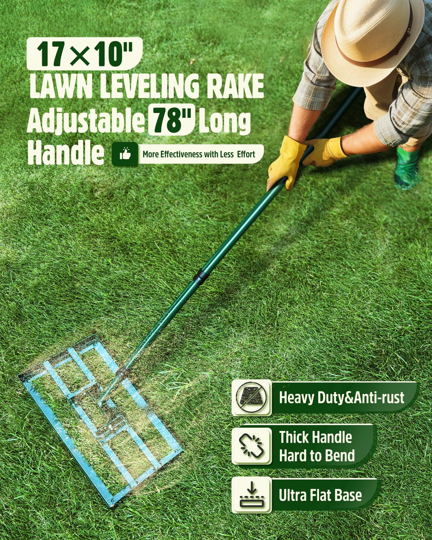 Signstek Lawn Leveling Rake, 43 x 25 cm Levelawn Tool with Adjustable Stainless Steel Handle, Level Lawn Tool for Grass, Golf Field, Garden, Level