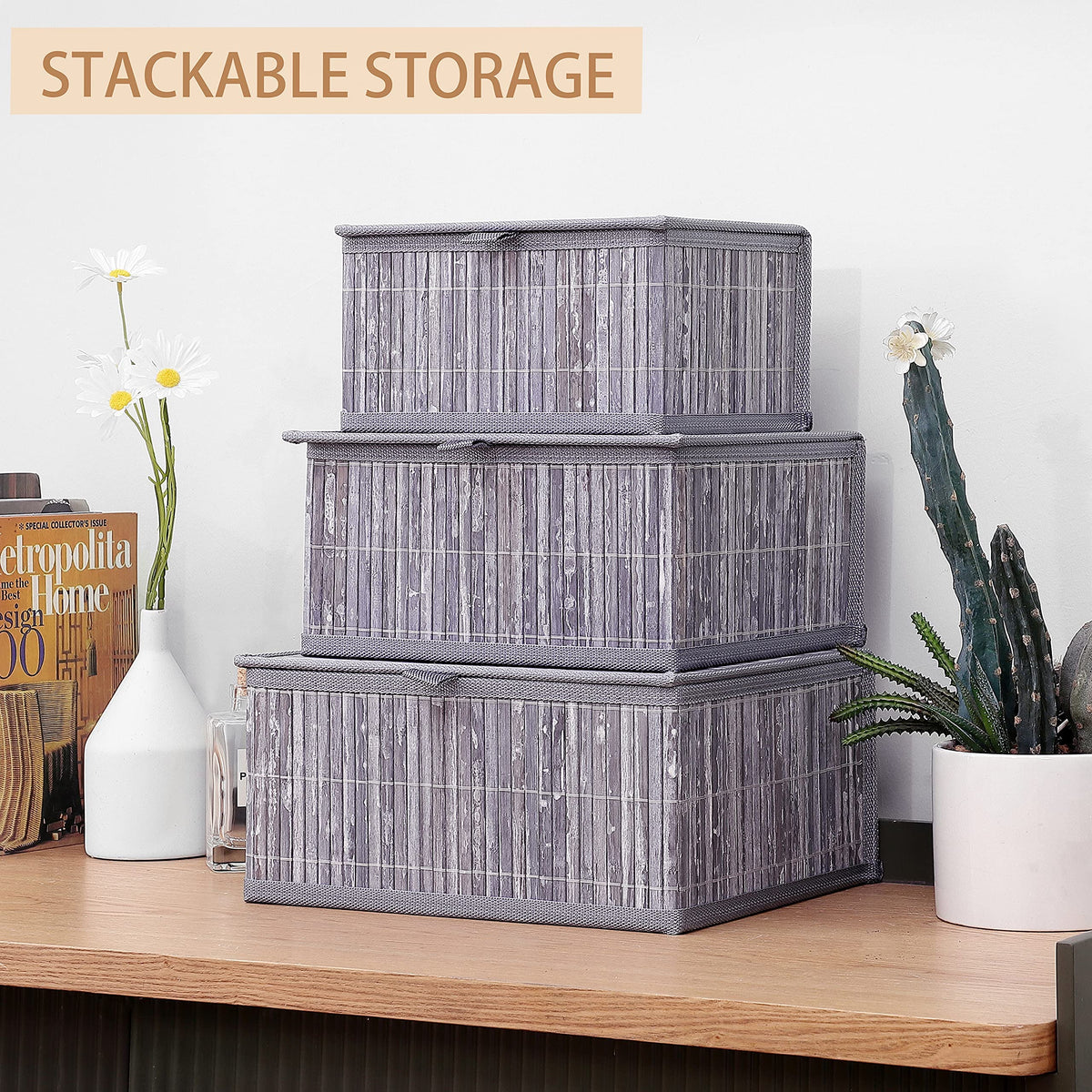 Honygebia Storage Box with Lid, Grey, Bamboo Decorative Storage Basket, Set of 3 Rattan Baskets with Lid, Woven Fabric Insert for Bathroom, Kitchen