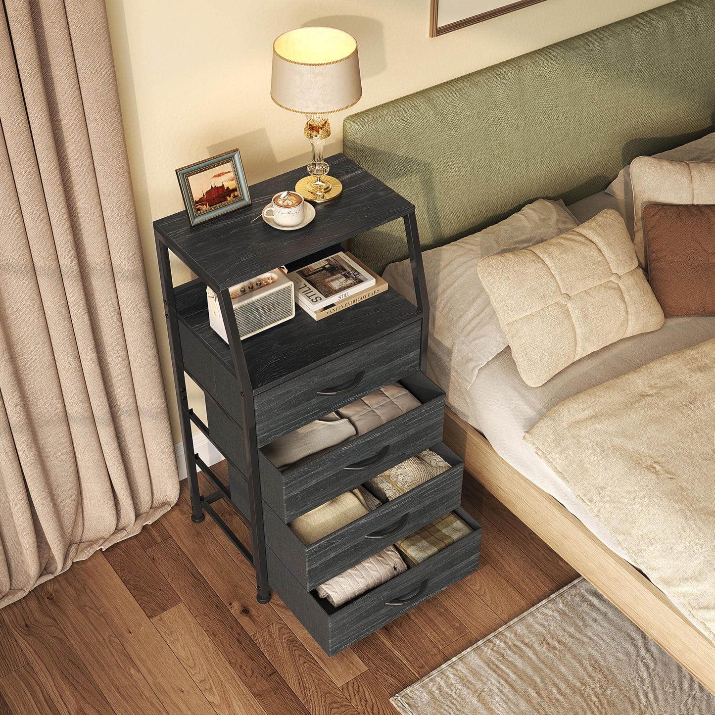 CAIYUN Chest of Drawers Bedroom with 4 Drawers, Small Fabric Dresser with Shelf, Fabric Dresser for Entryway Hallway Living Room