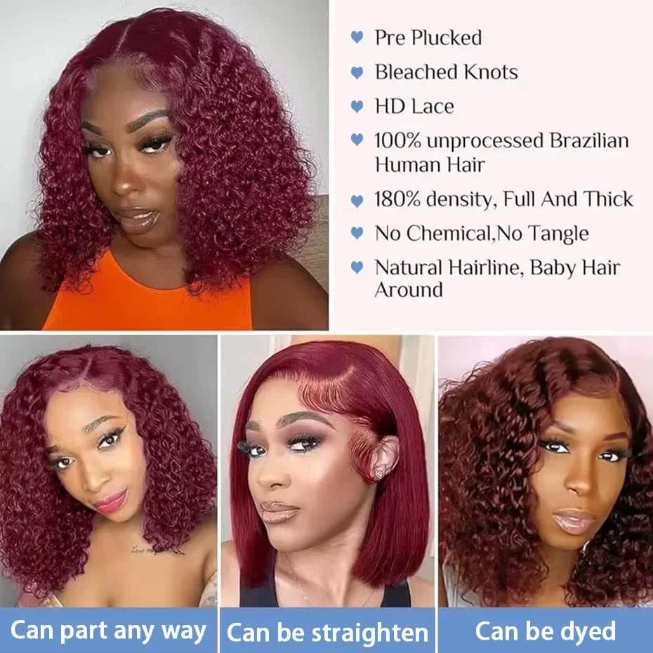 Burgundy 99J Deep Wave Short Bob Wigs 100% Human Hair Wig Water Curly Wig Baby Hair 3x4 Lace Front Human Hair Wig For Women