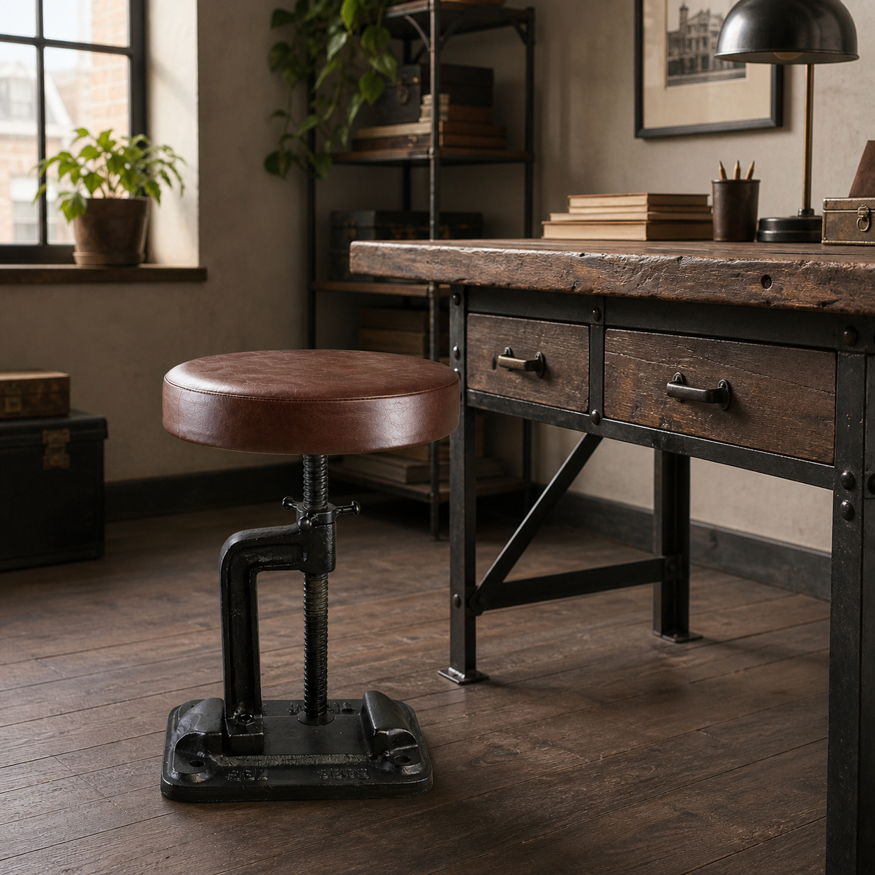 Vice Clamp Adjustable Stool | Cast Iron Industrial Seat | Leather Top