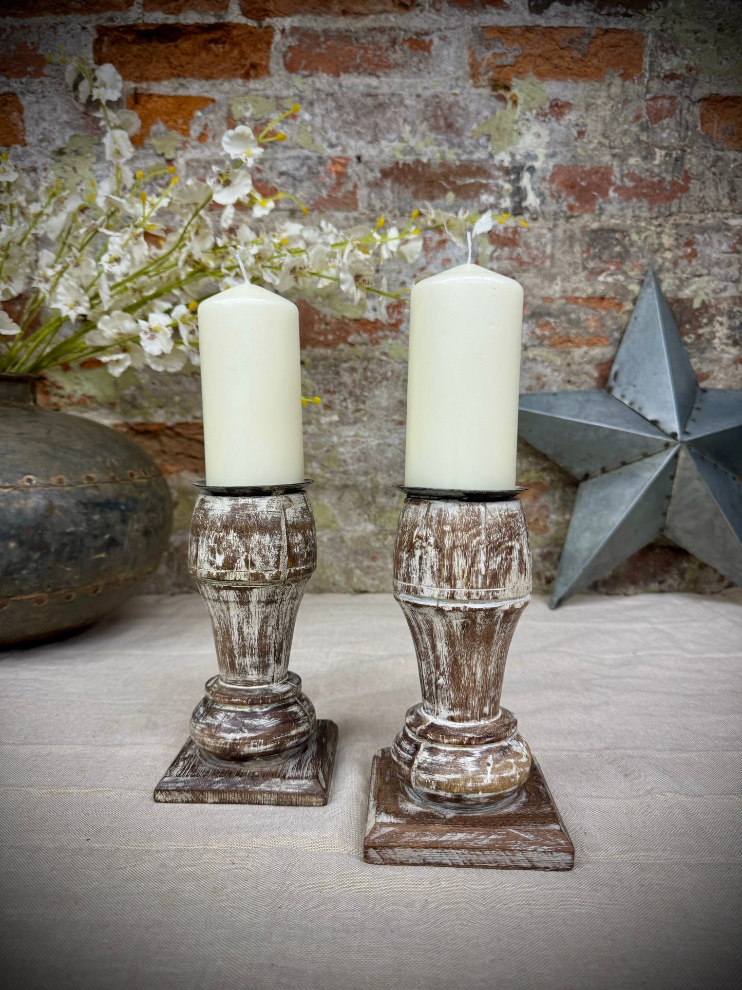 Pair Of Rustic Wooden Candle Holders / Large Church Candle Candlesticks /