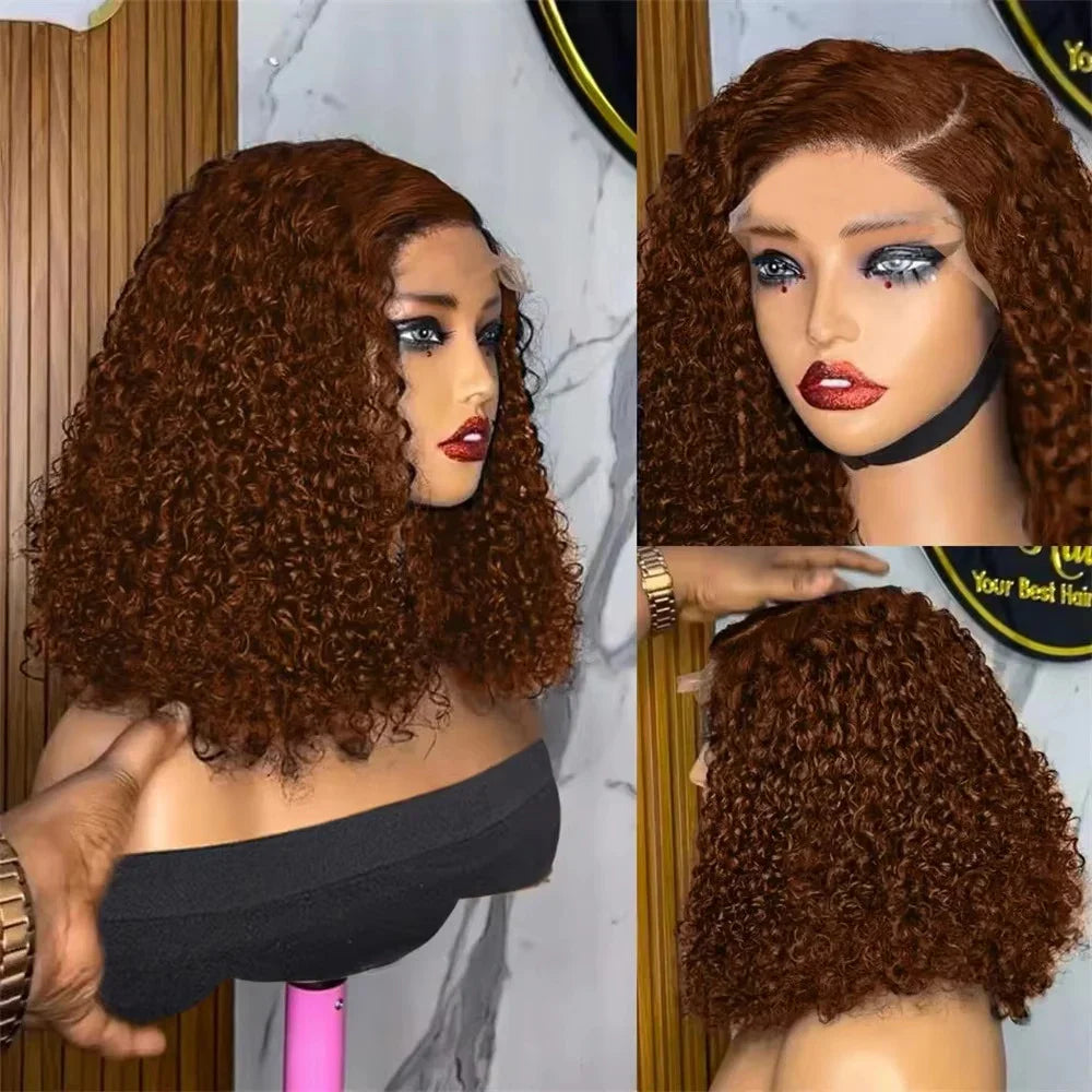 Brown kinky Curly Short Bob Wig 13x4 Bob Wigs Brazilian Water Deep Wave Human Hair Wig Preplucked For Woman Short Pixie #4 Color