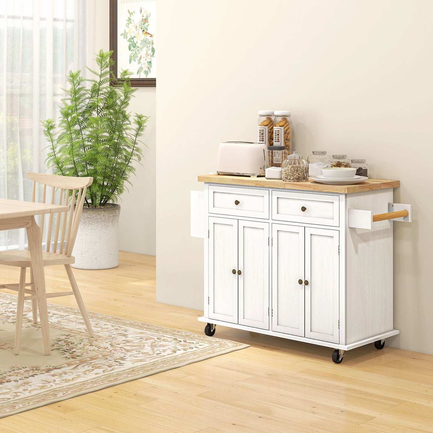 HOMCOM Rolling Kitchen Island Cart with Rubber Wood Top