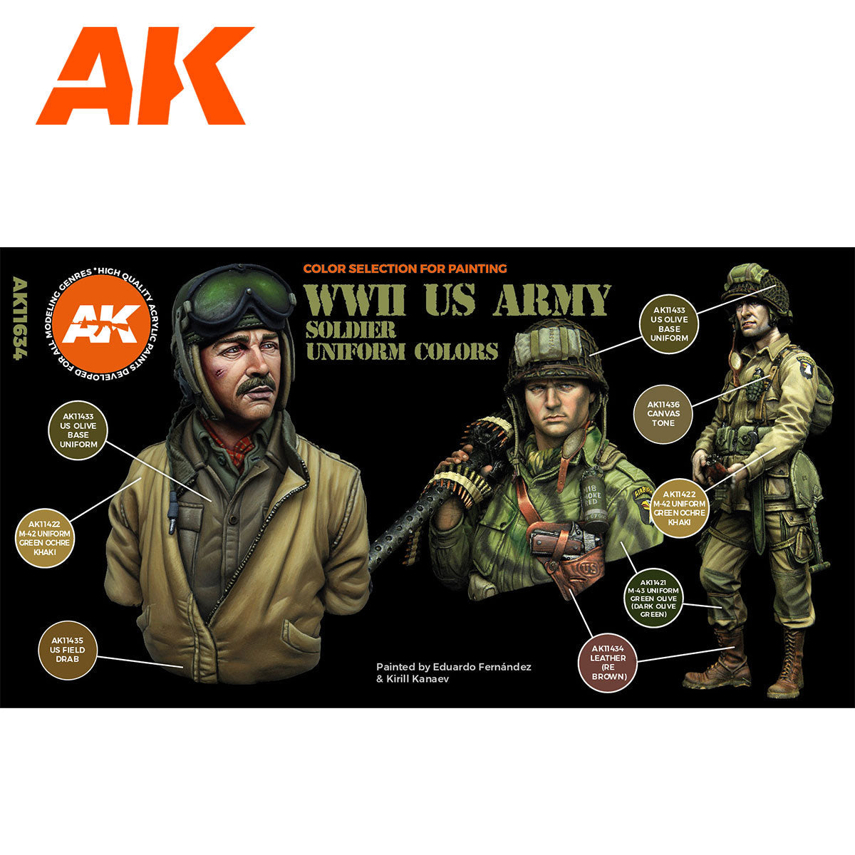 AK Interactive 3rd Gen Figure Paint Set - WWII US Army Soldier Uniform Colors (AK11634)