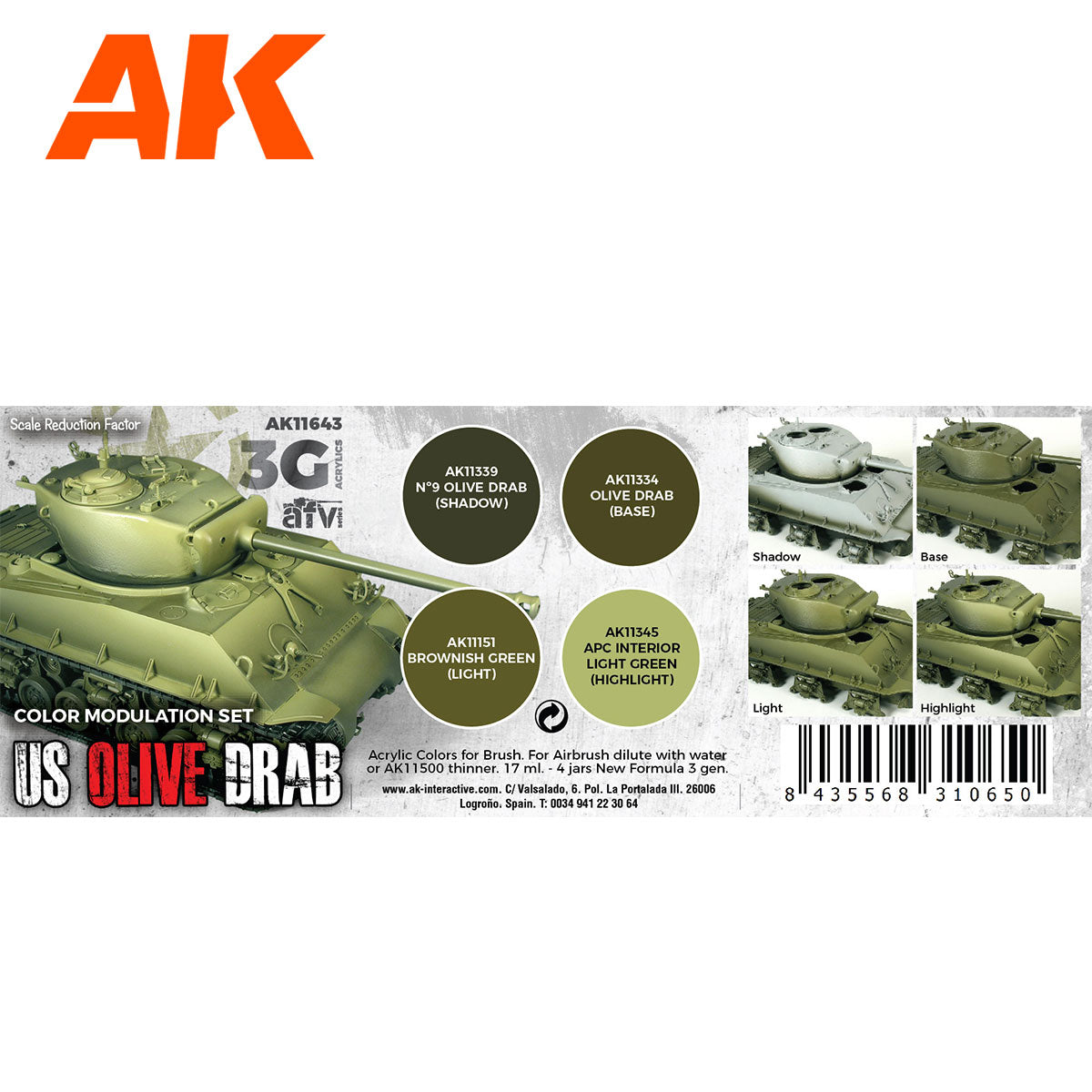 AK Interactive 3rd Gen AFV Paint Set - US Olive Drab Modulation Set (AK11643)