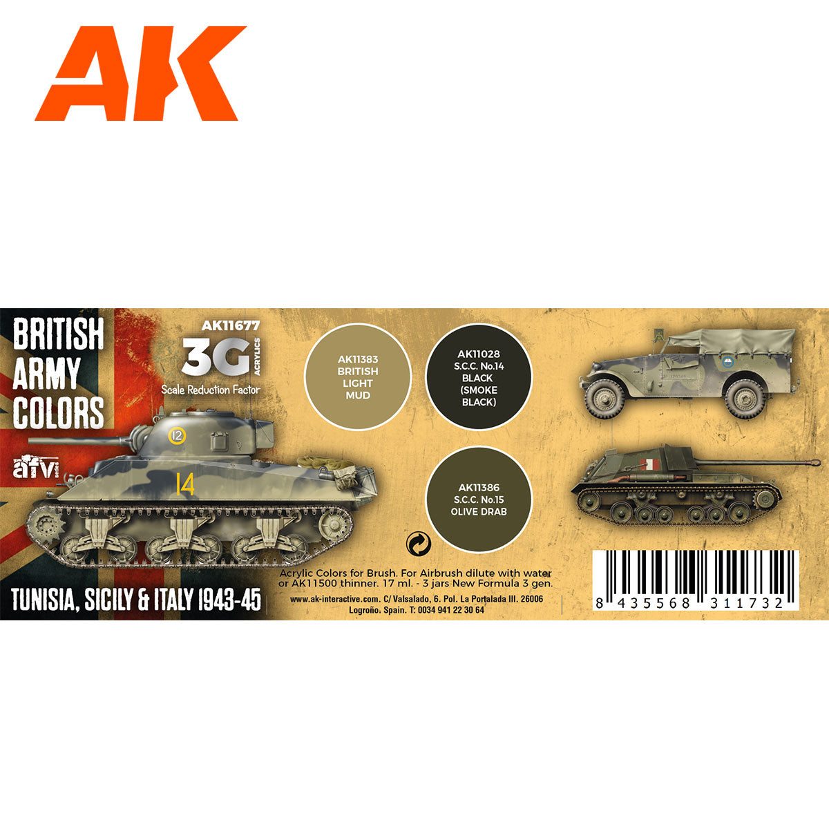 AK Interactive 3rd Gen AFV Paint Set - British Army Colors Tunisia, Sicily & Italy 1943-45 (AK11677)