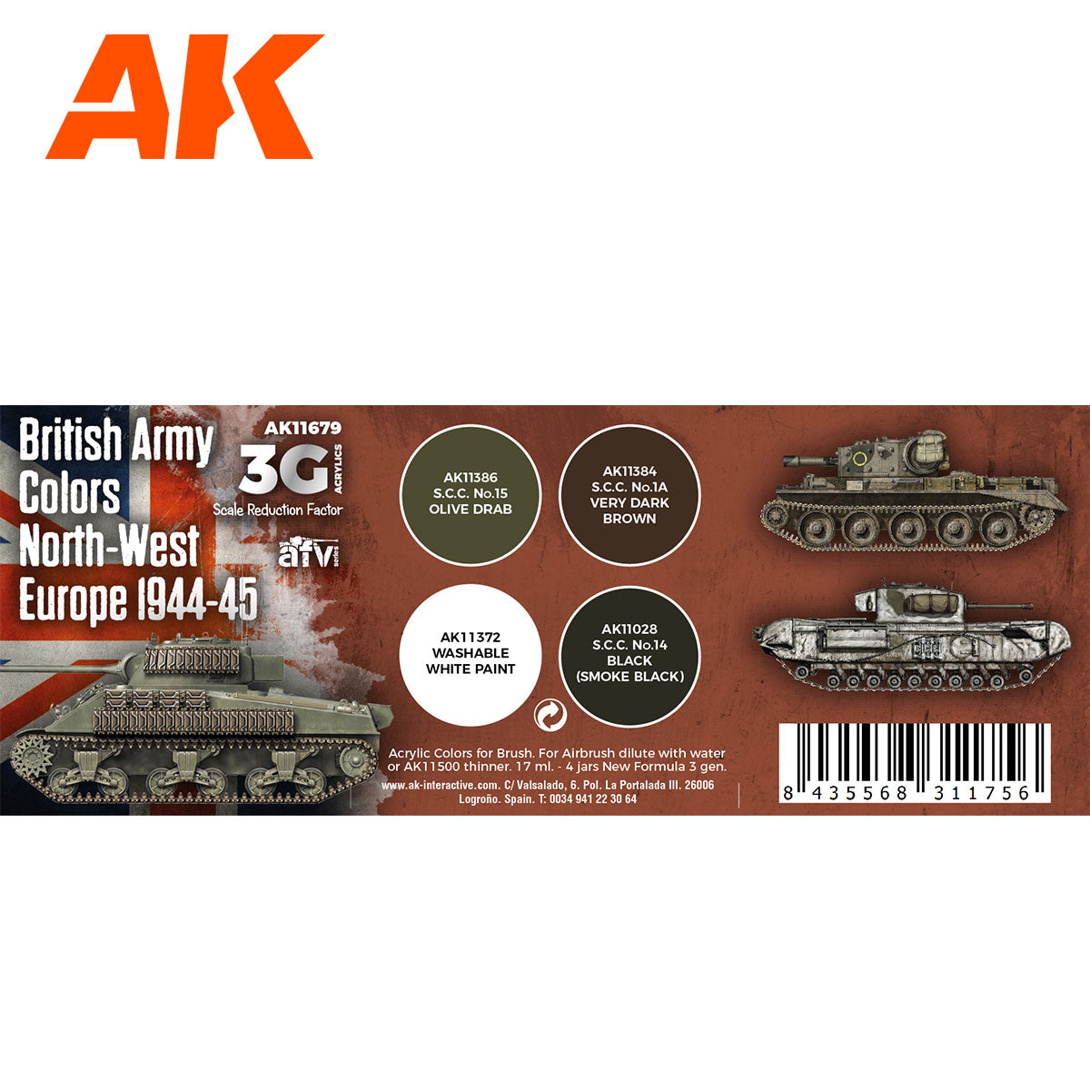 AK Interactive 3rd Gen AFV Paint Set - British Army Colors North-West Europe 1944-45 (AK11679)