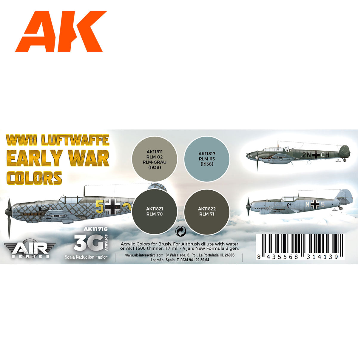 AK Interactive 3rd Gen Aircraft Paint Set - WWII Luftwaffe Early War Colors Set (AK11716)