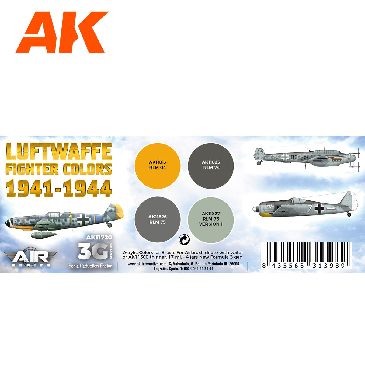 AK Interactive 3rd Gen Aircraft Paint Set - Luftwaffe Fighter Colors 1941-1944 Set (AK11720)