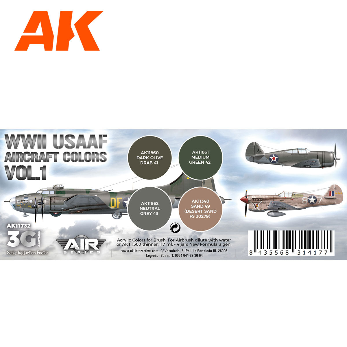 AK Interactive 3rd Gen Aircraft Paint Set - WWII USAAF Aircraft Colors Vol.1 Set (AK11732)