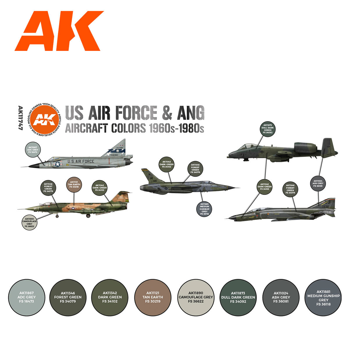 AK Interactive 3rd Gen Aircraft Paint Set - US Air Force & ANG Aircraft 1960s-1980s Set (AK11747)