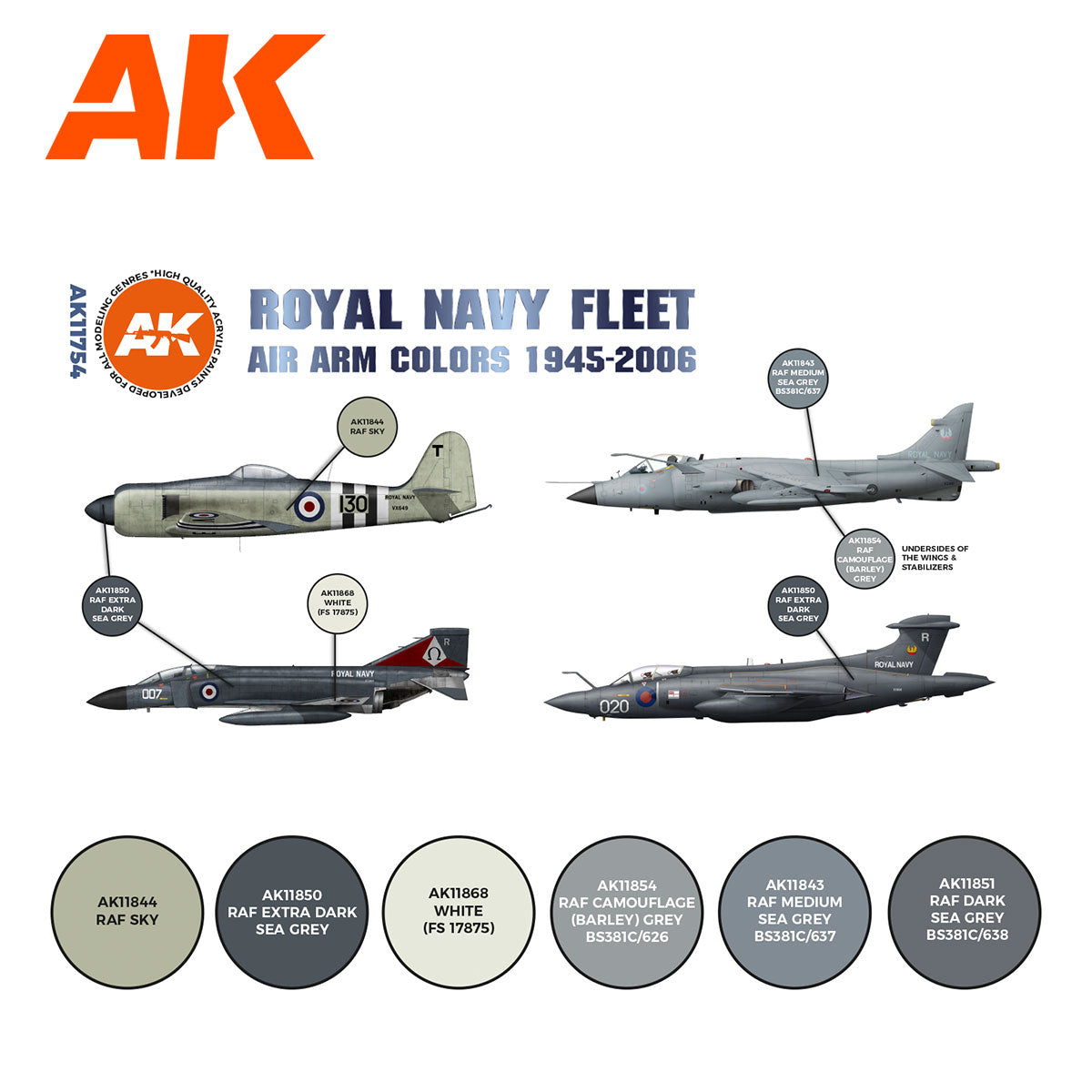 AK Interactive 3rd Gen Aircraft Paint Set - RN Fleet Air Arm Aircraft Colors 1945-2010 Set (AK11754)