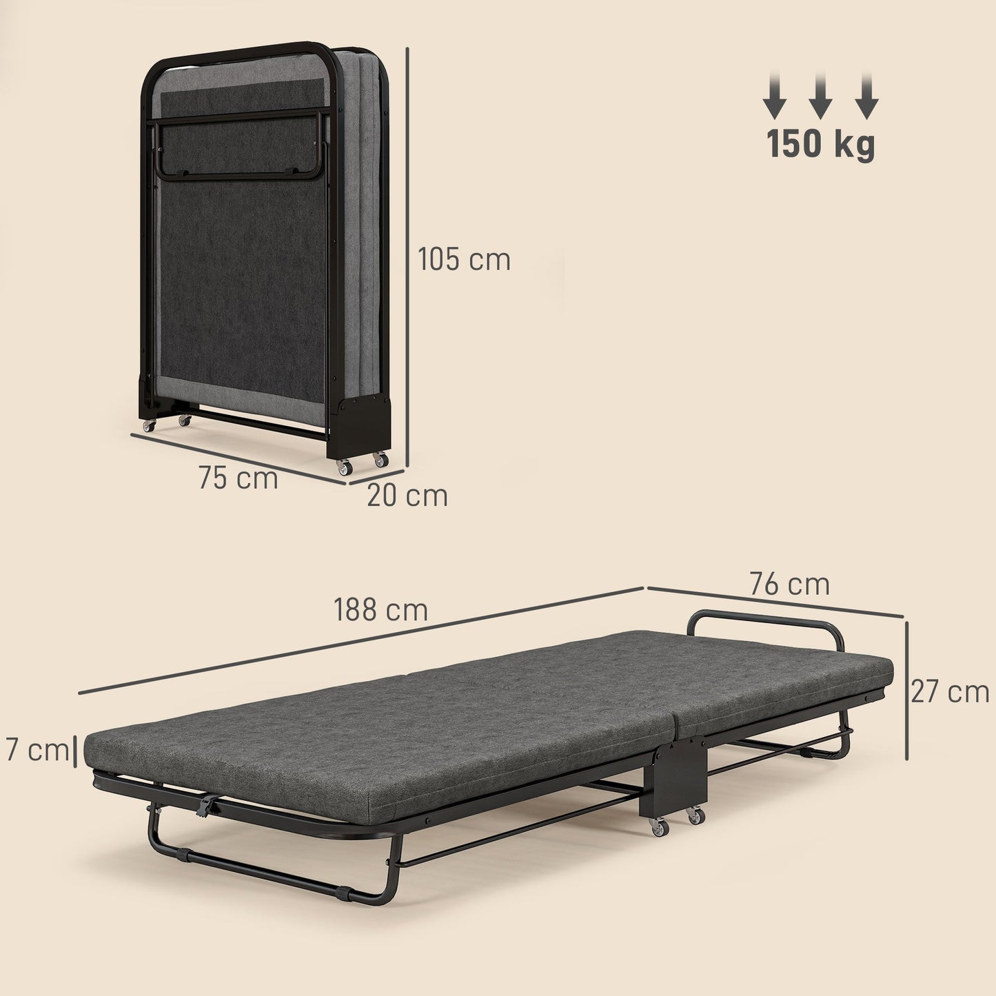 HOMCOM Single Folding Bed with Mattress Foldable Guest Bed on Wheels, Grey