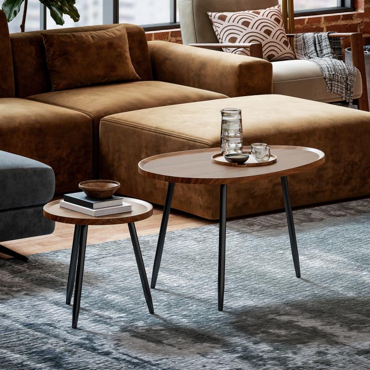 Nesting Coffee Table Set of 2, 80cm Modern Stacking End Side Table with Metal Legs for Living Room Bedroom Office, Chestnut Wood Effect