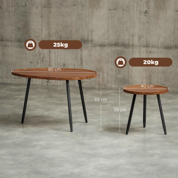 Nesting Coffee Table Set of 2, 80cm Modern Stacking End Side Table with Metal Legs for Living Room Bedroom Office, Chestnut Wood Effect