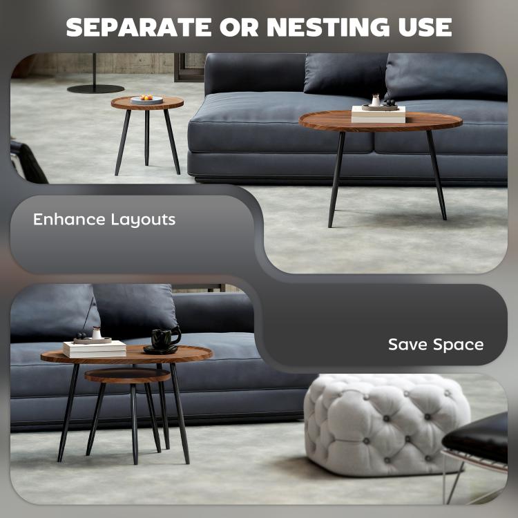 Nesting Coffee Table Set of 2, 80cm Modern Stacking End Side Table with Metal Legs for Living Room Bedroom Office, Chestnut Wood Effect