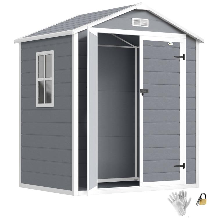 6 feetx4.5 feet Garden Storage Shed, Lockable Garden Shed with Double Doors, Window, Vent and Plastic Roof, Grey