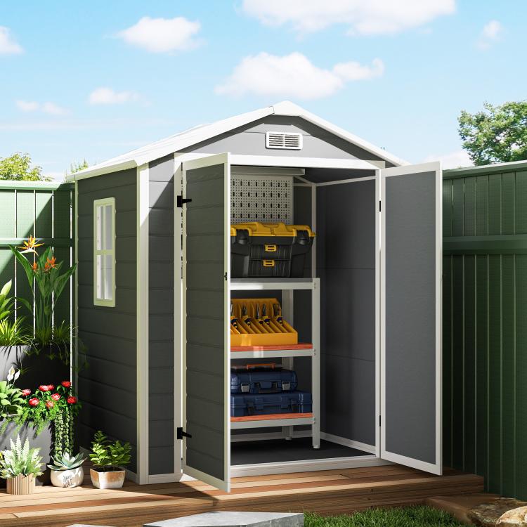 6 feetx4.5 feet Garden Storage Shed, Lockable Garden Shed with Double Doors, Window, Vent and Plastic Roof, Grey
