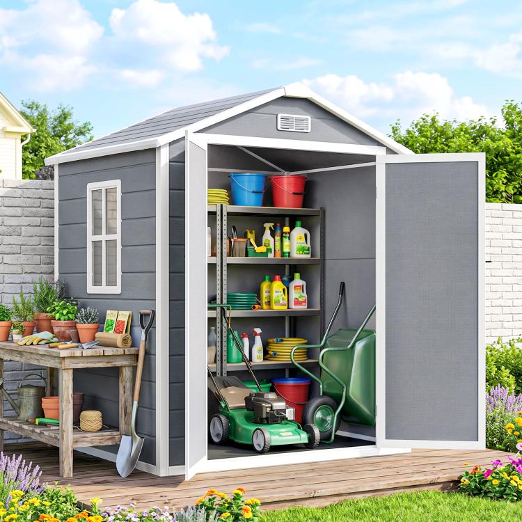 6 feetx4.5 feet Garden Storage Shed, Lockable Garden Shed with Double Doors, Window, Vent and Plastic Roof, Grey