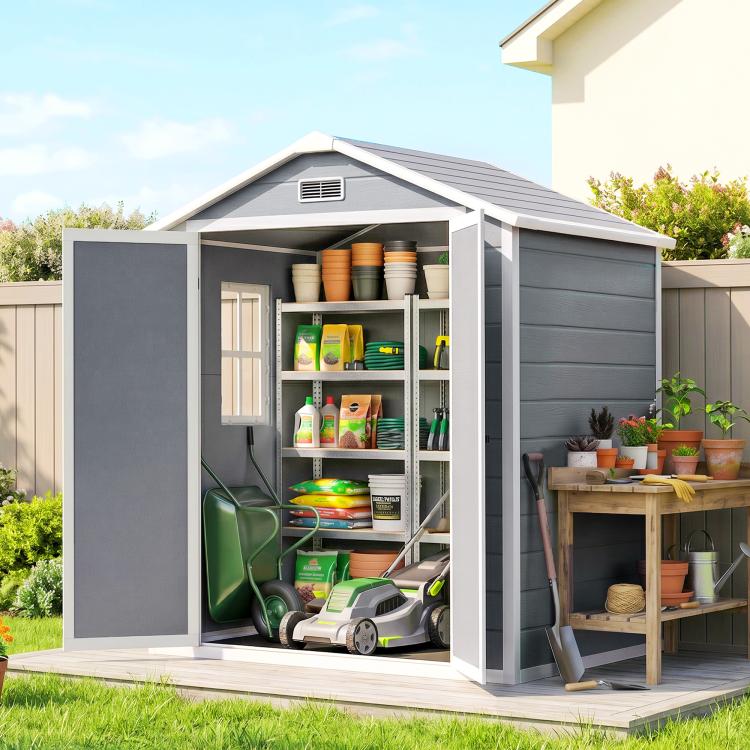 6 feetx4.5 feet Garden Storage Shed, Lockable Garden Shed with Double Doors, Window, Vent and Plastic Roof, Grey