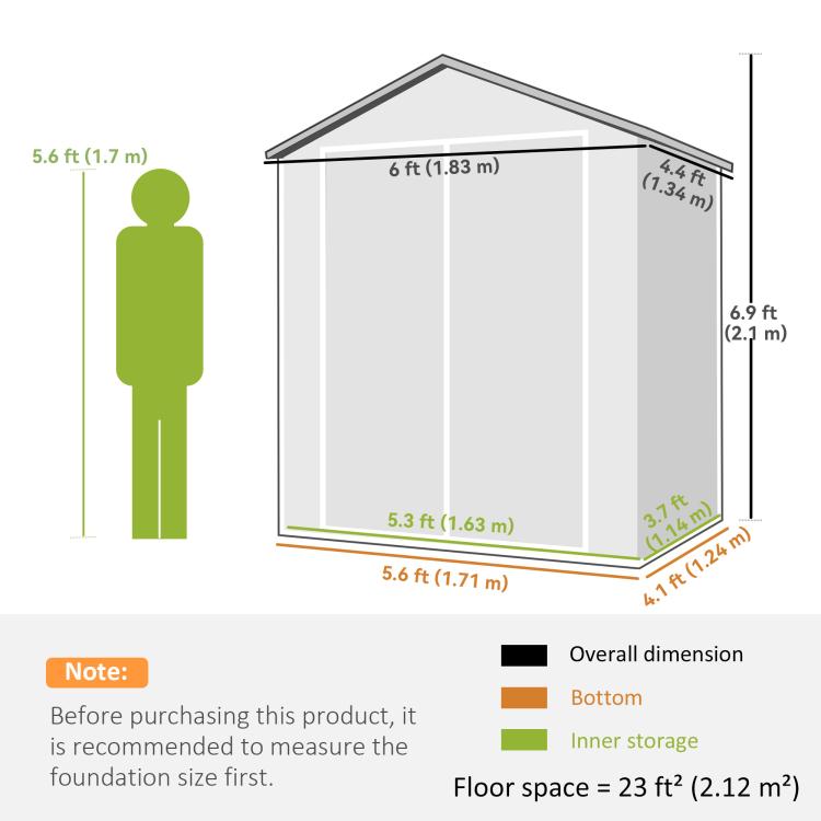 6 feetx4.5 feet Garden Storage Shed, Lockable Garden Shed with Double Doors, Window, Vent and Plastic Roof, Grey
