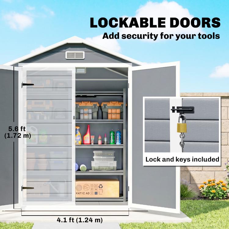6 feetx4.5 feet Garden Storage Shed, Lockable Garden Shed with Double Doors, Window, Vent and Plastic Roof, Grey