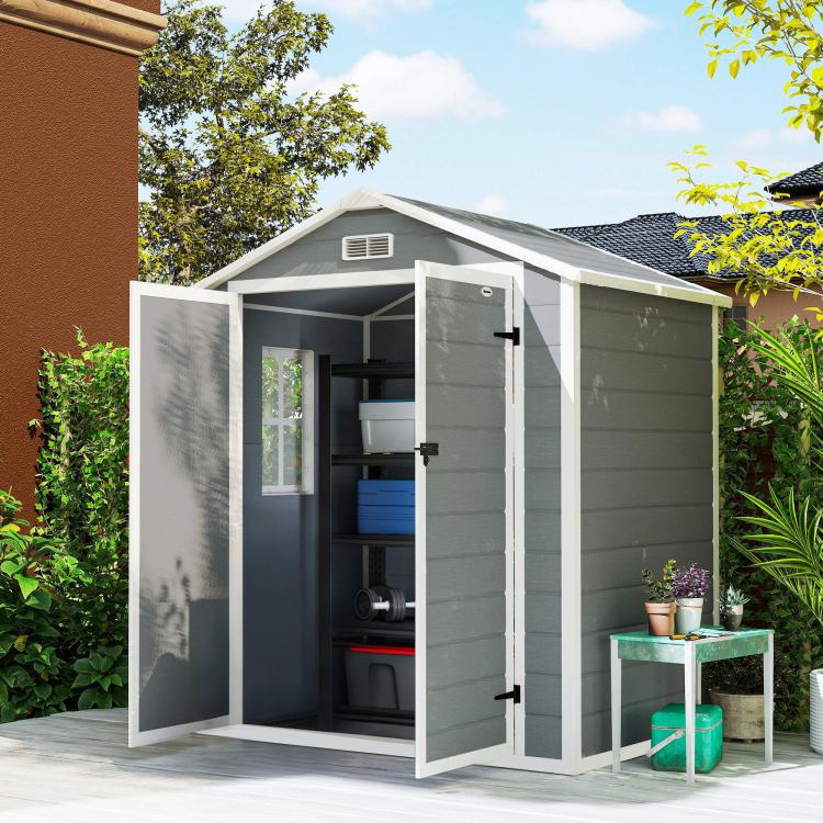 6 feetx4.5 feet Garden Storage Shed, Lockable Garden Shed with Double Doors, Window, Vent and Plastic Roof, Grey