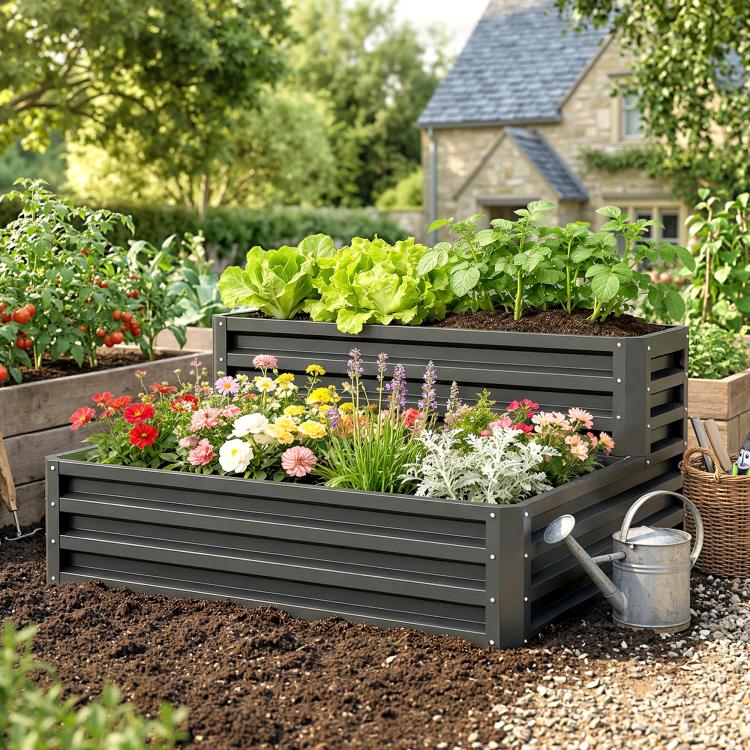 2 Tier Raised Garden Bed, Galvanised Planter Box with Open Bottom for Vegetables Flowers Herbs, 120x101x58cm, Dark Grey