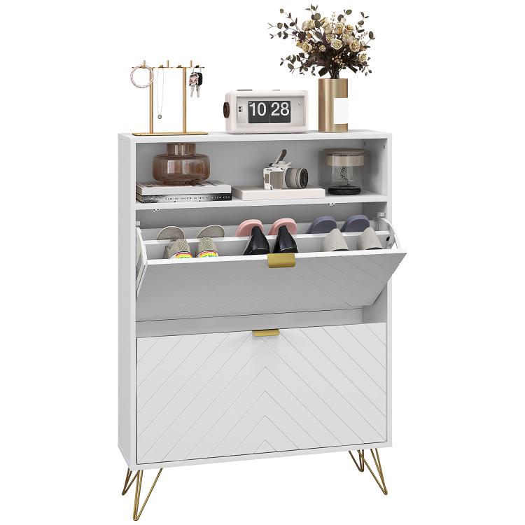 12 Shoe Storage Cabinet, with Chevron Indents and Gold Tone Accents - White