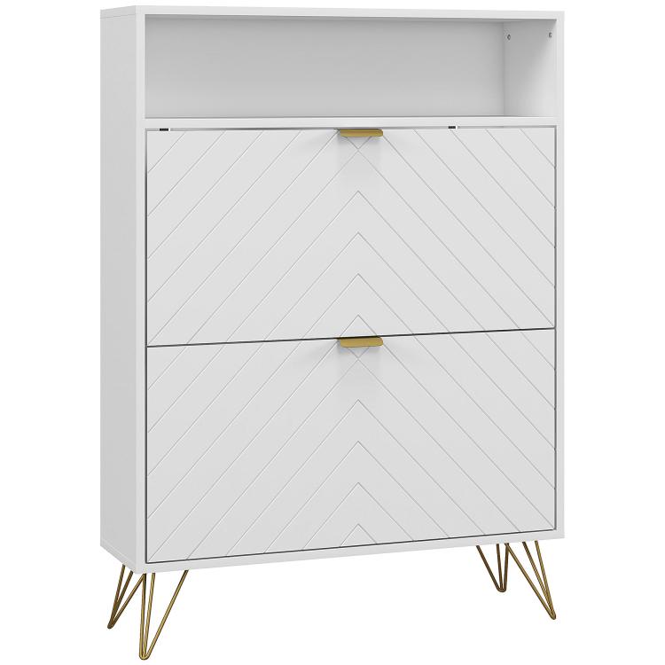 12 Shoe Storage Cabinet, with Chevron Indents and Gold Tone Accents - White