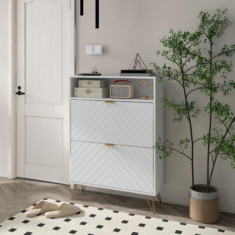 12 Shoe Storage Cabinet, with Chevron Indents and Gold Tone Accents - White