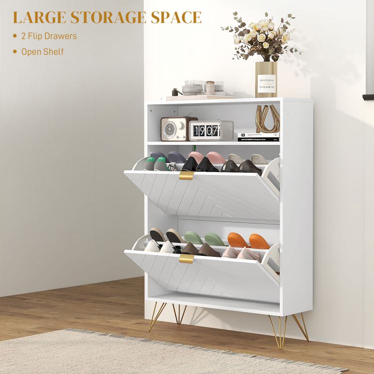 12 Shoe Storage Cabinet, with Chevron Indents and Gold Tone Accents - White