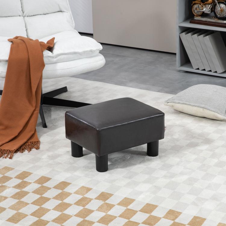 PU Leather Footstool Ottoman Cube with 4 Plastic Legs, Brown